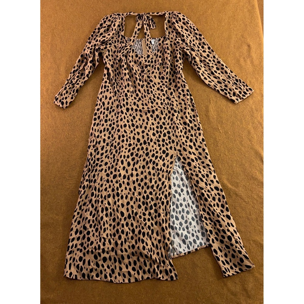 Reformation Womens 16 Brown Leopard Print Long Sleeve Slit Midi Dress New